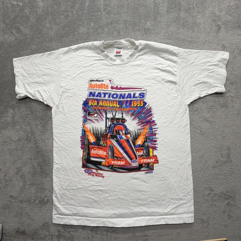 Vintage Sport Service Shirt Mens XL White Autolite Nationals 1995 Drag Tee 90s